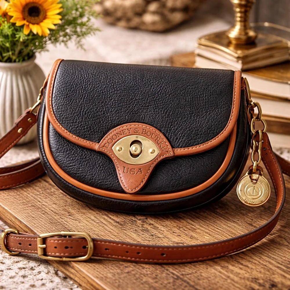 Dooney & Bourke 1980's  Cavalry Trooper  Black -Tan | DB Horseshoe Strap Tabs